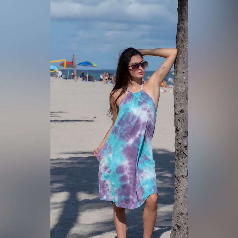 Casual Women's Summer Tie Dye Beach Dress Sleeveless Sundresses with Pockets